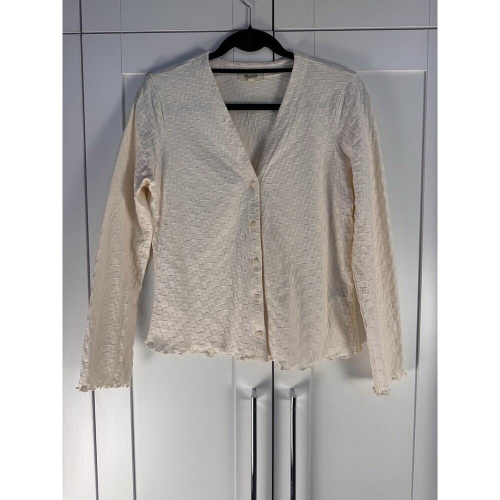 Madewell Ivory V-Neck Checkerboard Jacquard Cardigan Cotton Button Front Sz M